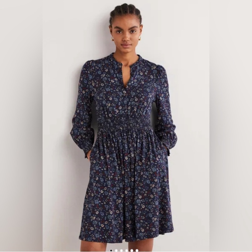 Boden Navy Floral Long-Sleeve Smocked Waist Dress
